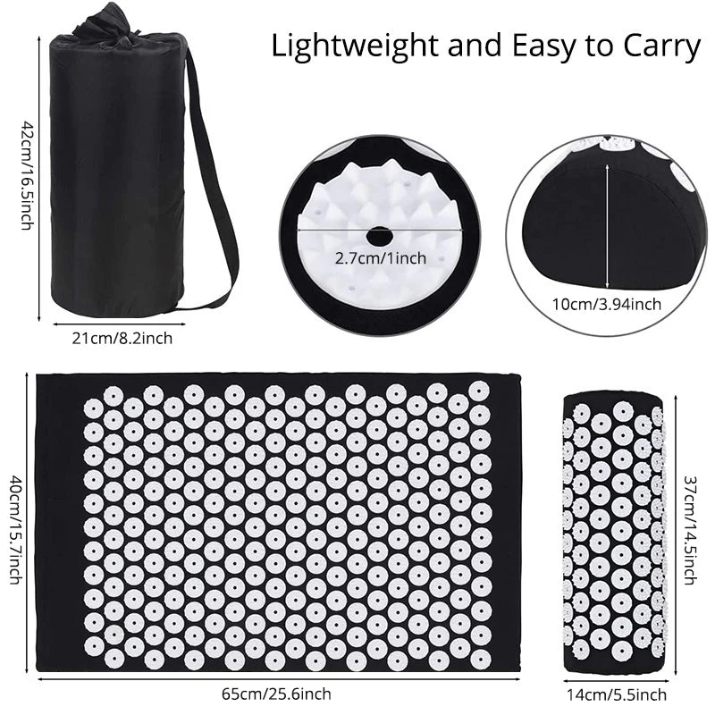Acupressure mat with black carrying bag, dimensions, and product details on a white background
