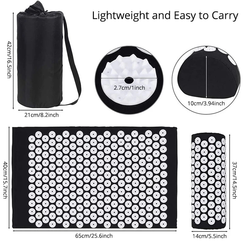 Acupressure mat with black carrying bag, dimensions, and product details on a white background