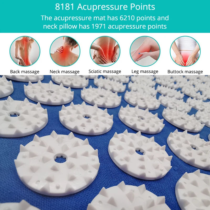 Acupressure mat with acupressure points and text about massage points on a blue background.