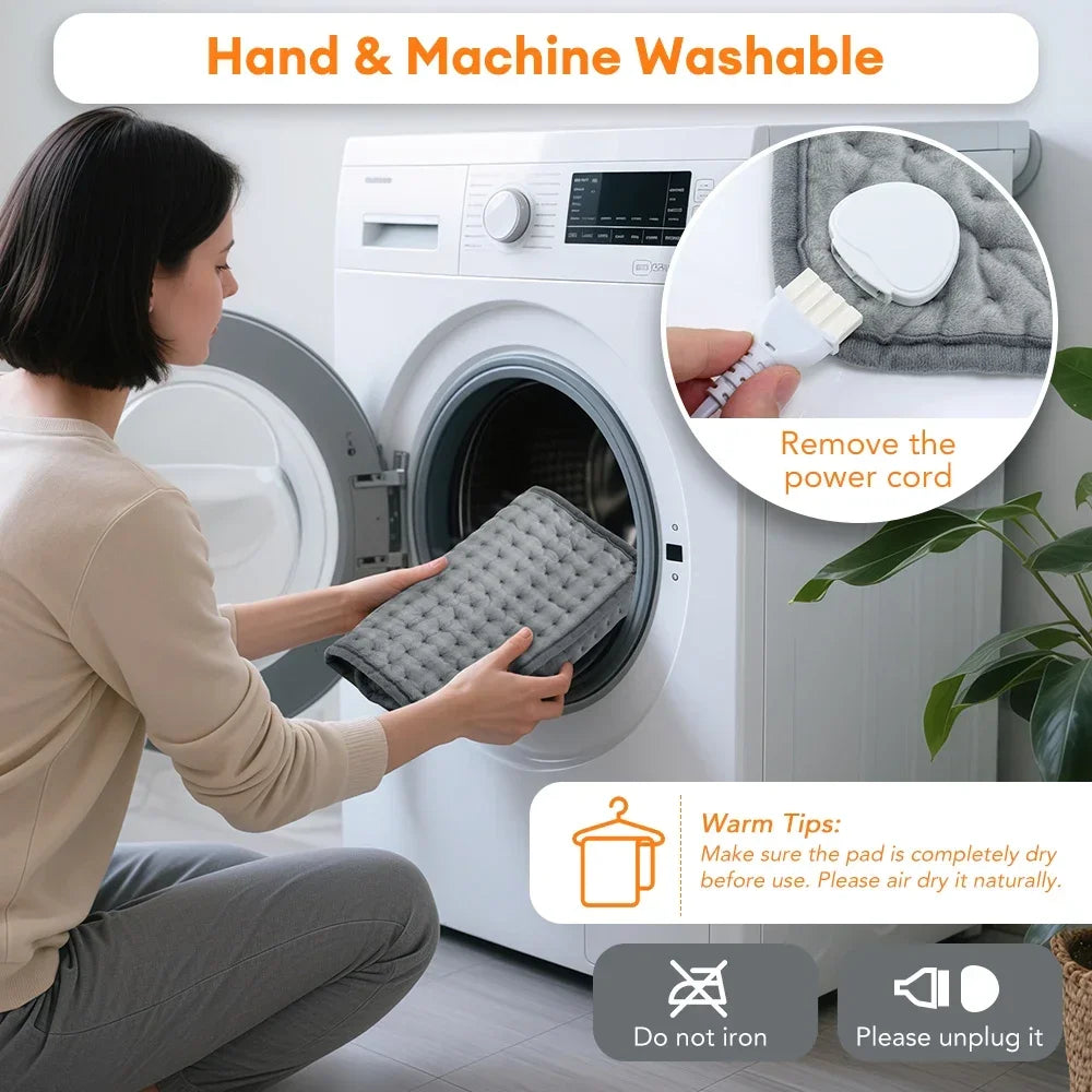 Woman removing a gray mat from a washing machine with text on hand and machine washability.
