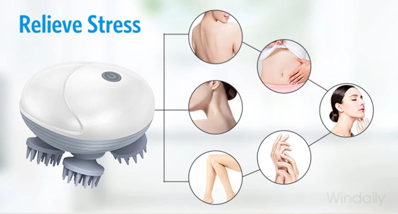 Massage device with images of different body parts to indicate areas it can be used on, on a light background.