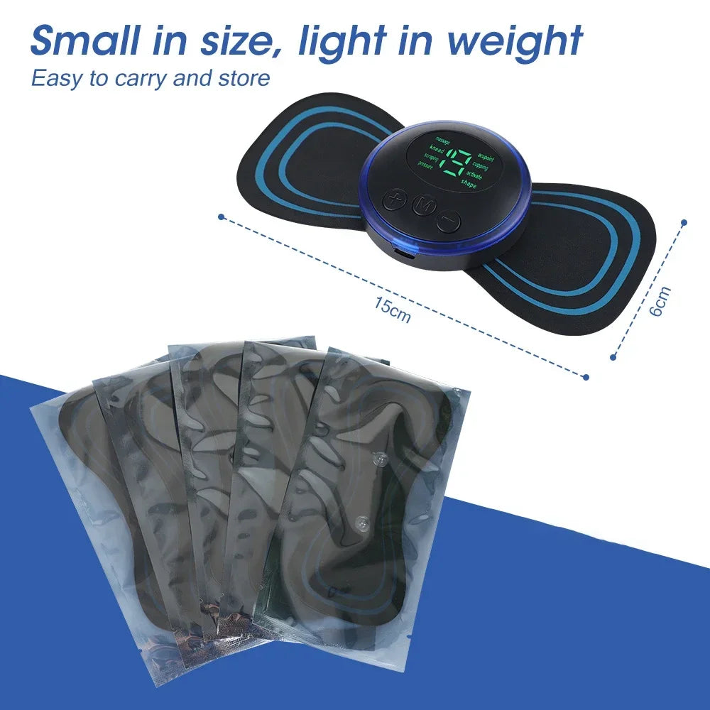 Electrode pads with a digital device on a white background, showing size and weight information.