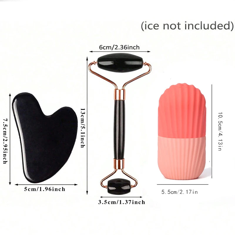 Three facial tools with dimensions labeled on a white background