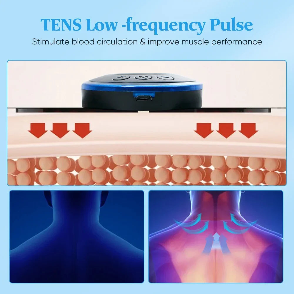 TENS device with text about stimulating blood circulation and improving muscle performance on a blue background.