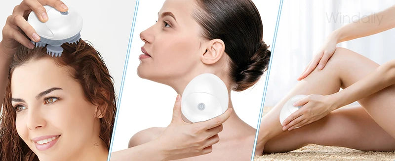 Three women using a handheld electronic device on different parts of their bodies.