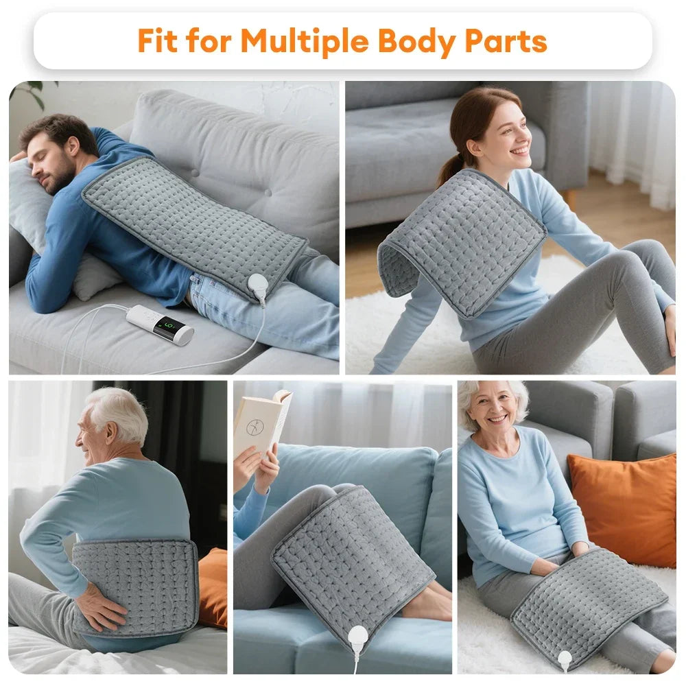 Gray heating pad used by people in various positions on a couch and chair.