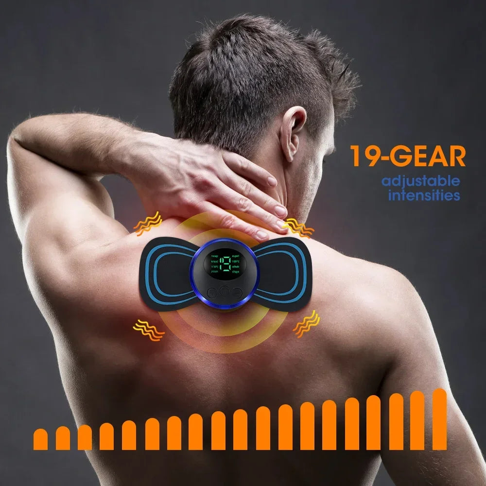 EMS electric neck massager positioned around the neck
