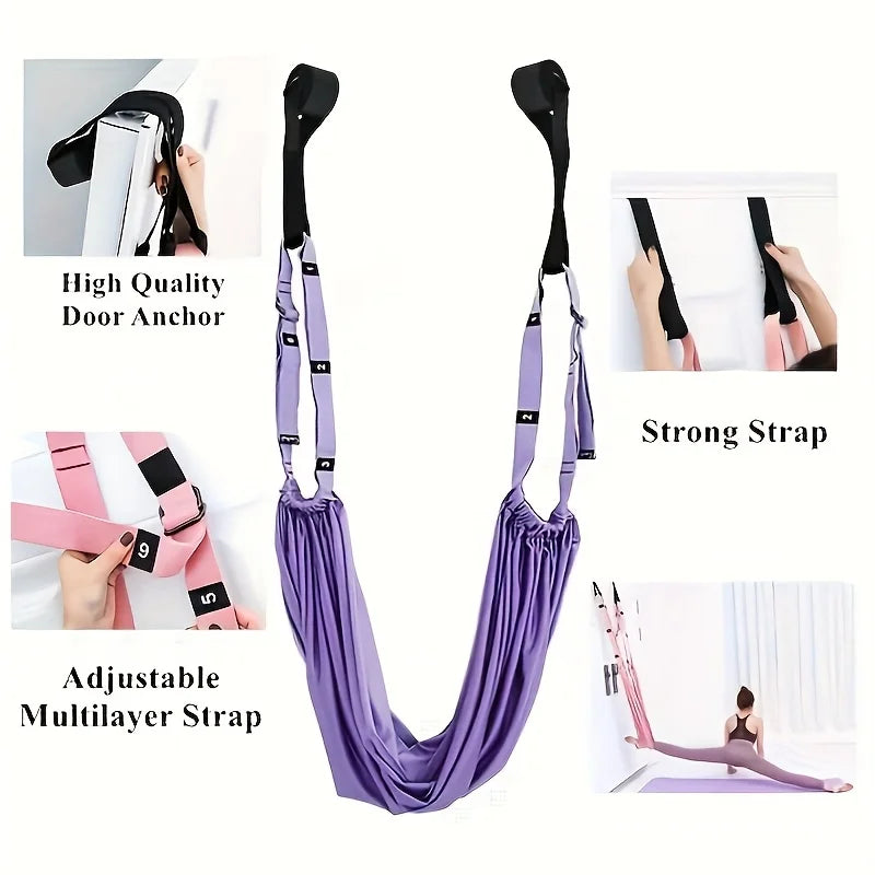 Purple yoga swing with high-quality door anchor, strong strap, and adjustable multilayer strap on a white background.