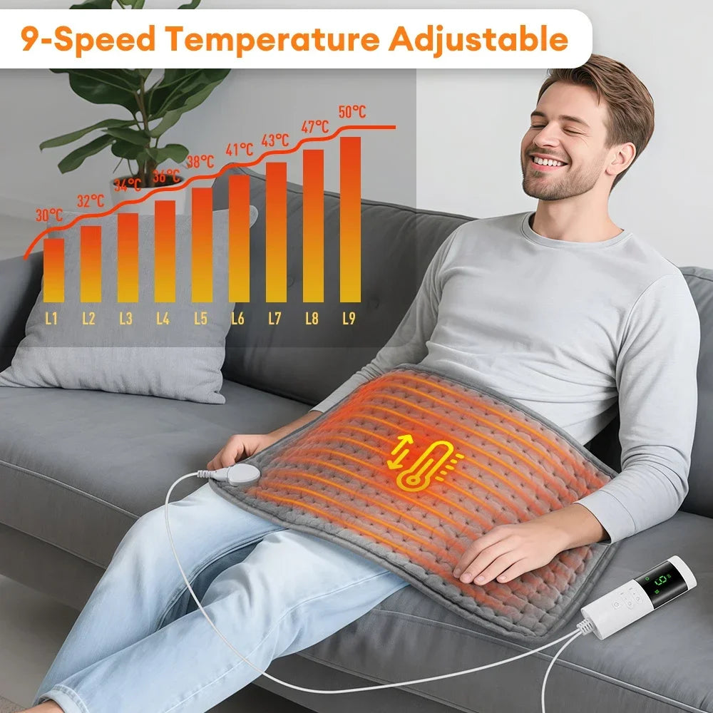 Man sitting on a couch with a 9-speed temperature adjustable heating pad, showing temperature gradient chart.