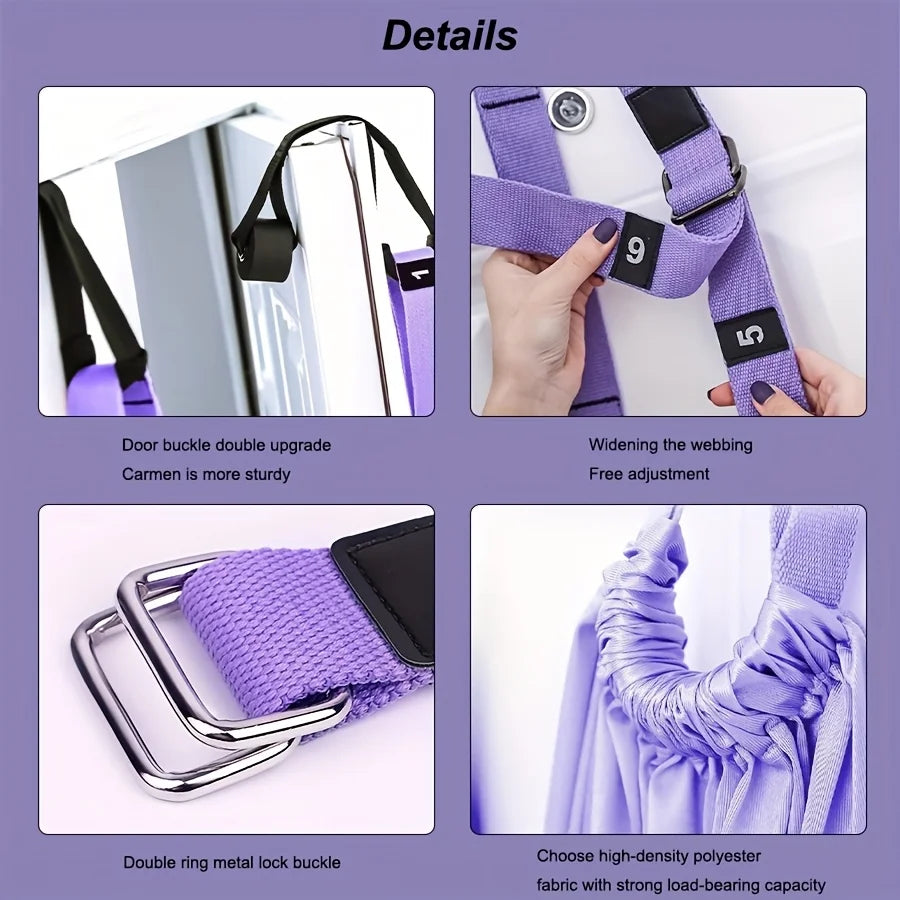 Purple strap with metal buckle and webbing details on a purple background