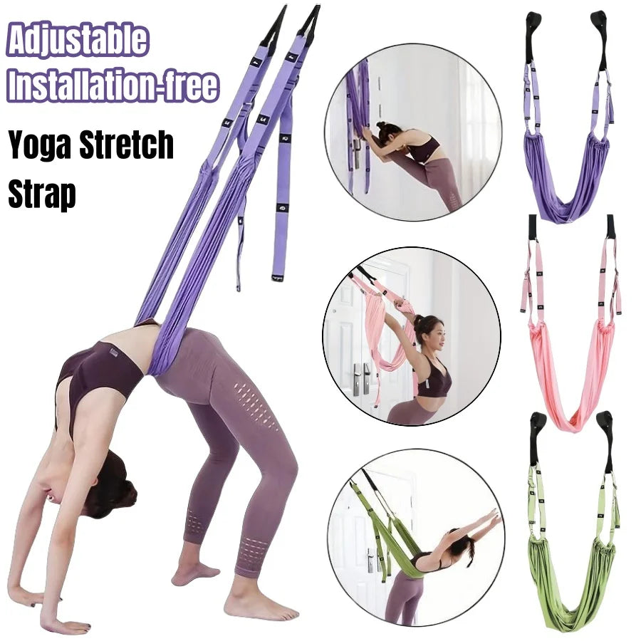 Yoga stretch strap with various colors and uses, including a person demonstrating its use.