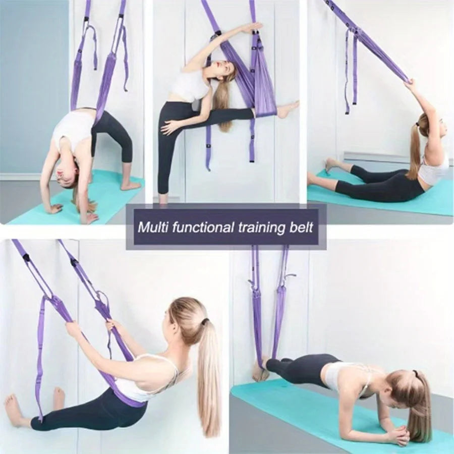 Woman using a purple multi-functional training belt in various yoga poses on a blue mat.