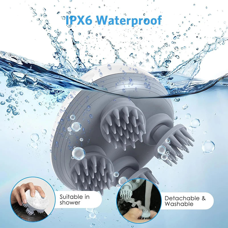 Gray grooming brush with water splashes and text indicating IPX6 waterproof rating, suitable for shower use, and detachable/washable feature.