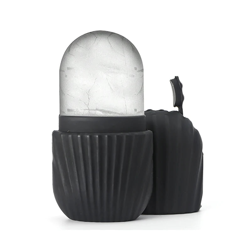 Black ribbed container with a marble-textured light inside on a white background