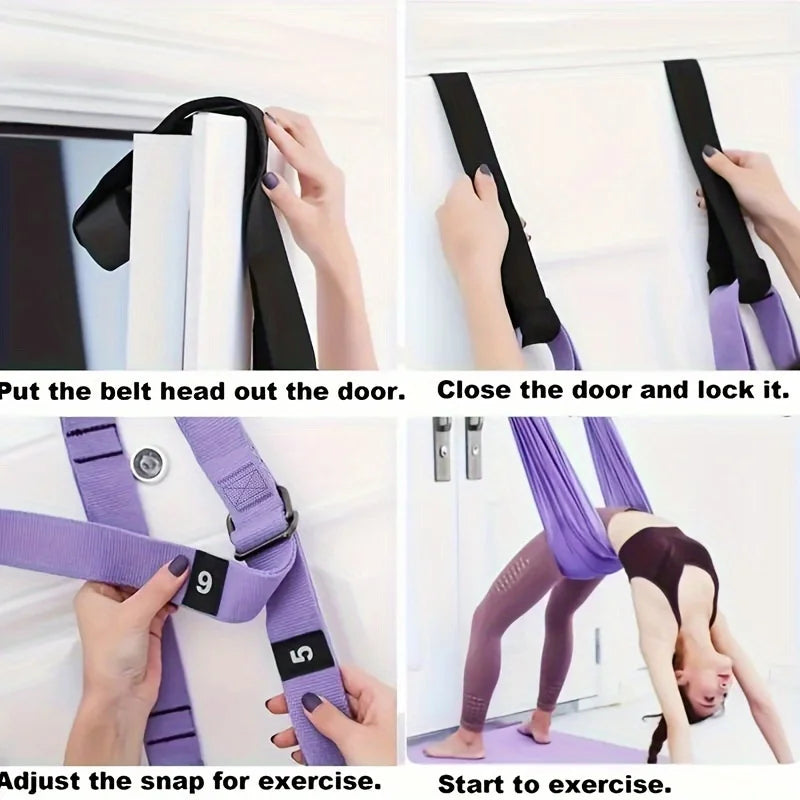 Step-by-step guide on using a purple exercise belt with text instructions.