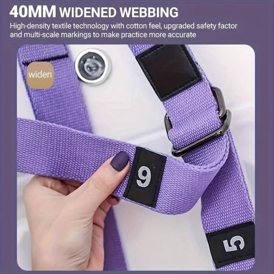Purple dog harness with widened webbing held by a hand, on a light purple background.