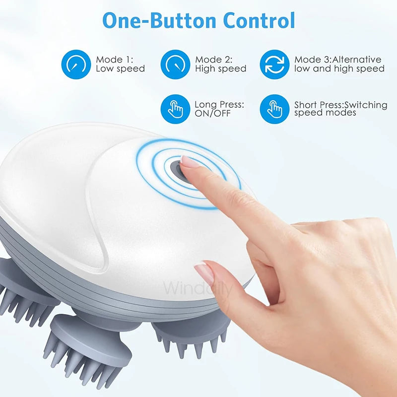 Hand using a hair massager with control buttons labeled for different modes on a light blue background.